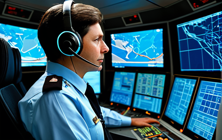 **Prompt 1: Vigilant Air Traffic Controller**
A highly focused adult professional air traffic controller, wearing a crisp, modest uniform shirt with epaulets and a headset, intently monitoring multiple glowing radar screens in a high-tech, dimly lit control center. The screens display intricate flight paths and digital data, casting soft light on their concentrated face. The atmosphere is one of profound calm and meticulous precision. fully clothed, modest clothing, appropriate attire, professional dress, safe for work, appropriate content, perfect anatomy, correct proportions, natural pose, well-formed hands, proper finger count, natural body proportions, professional photography, high quality, realistic.
