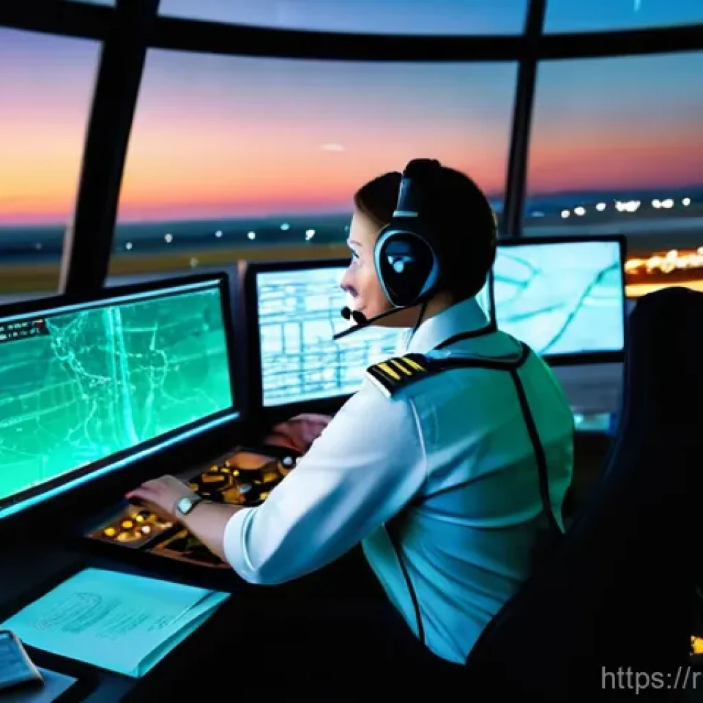 항공운항관리사 취업 성공 사례 - **Air Traffic Controller in a Control Tower:**
A highly detailed, cinematic shot of a calm and f...