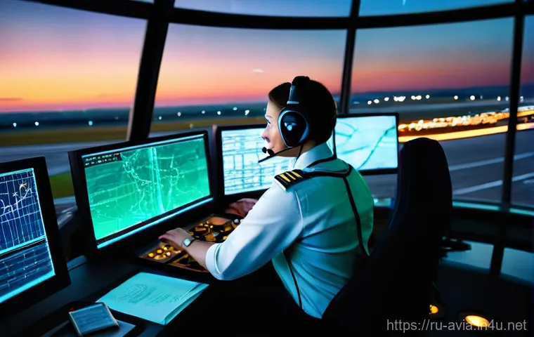 항공운항관리사 취업 성공 사례 - **Air Traffic Controller in a Control Tower:**
A highly detailed, cinematic shot of a calm and f...