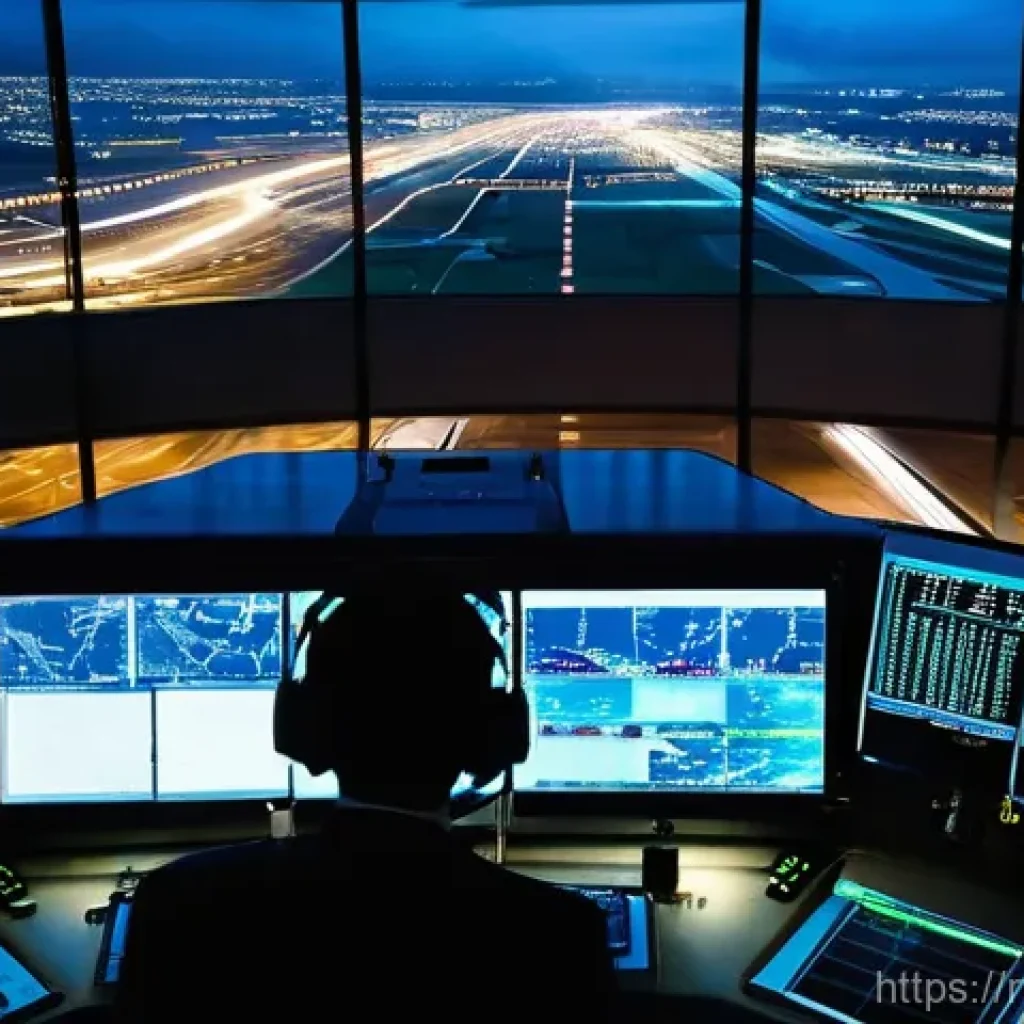 항공운항관리사와 항공사 프로세스 - **Air Traffic Control Tower - Night Operations**:
"A stunning, high-angle, panoramic view from i...