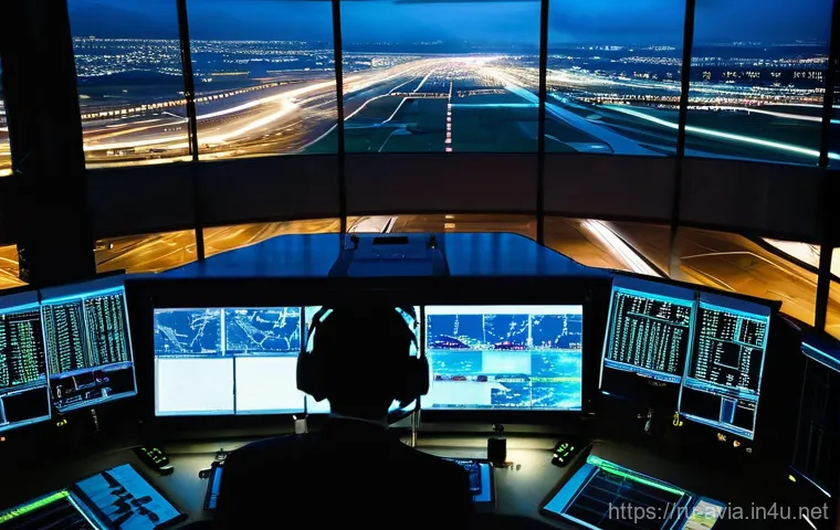 항공운항관리사와 항공사 프로세스 - **Air Traffic Control Tower - Night Operations**:
"A stunning, high-angle, panoramic view from i...