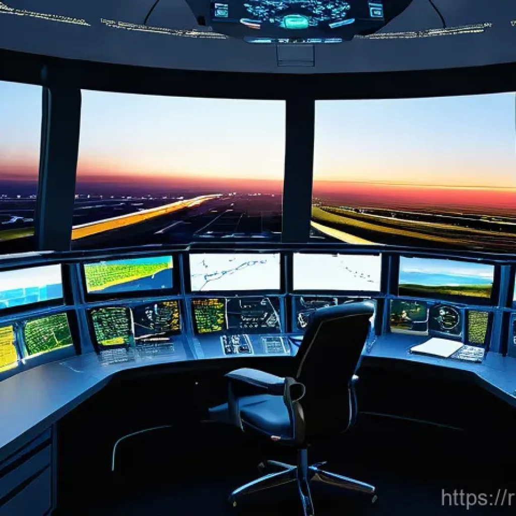 항공운항관리사 실기 필수 장비 - **A Modern Air Traffic Control Workspace:**
A highly detailed, realistic image of a contemporary...