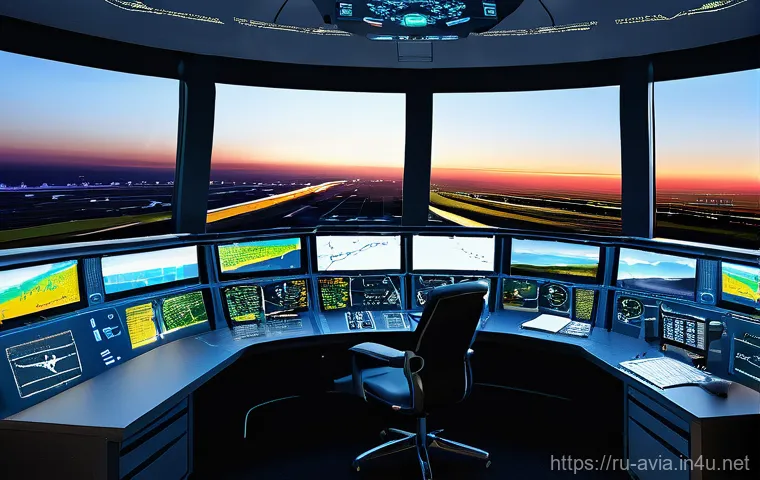 항공운항관리사 실기 필수 장비 - **A Modern Air Traffic Control Workspace:**
A highly detailed, realistic image of a contemporary...