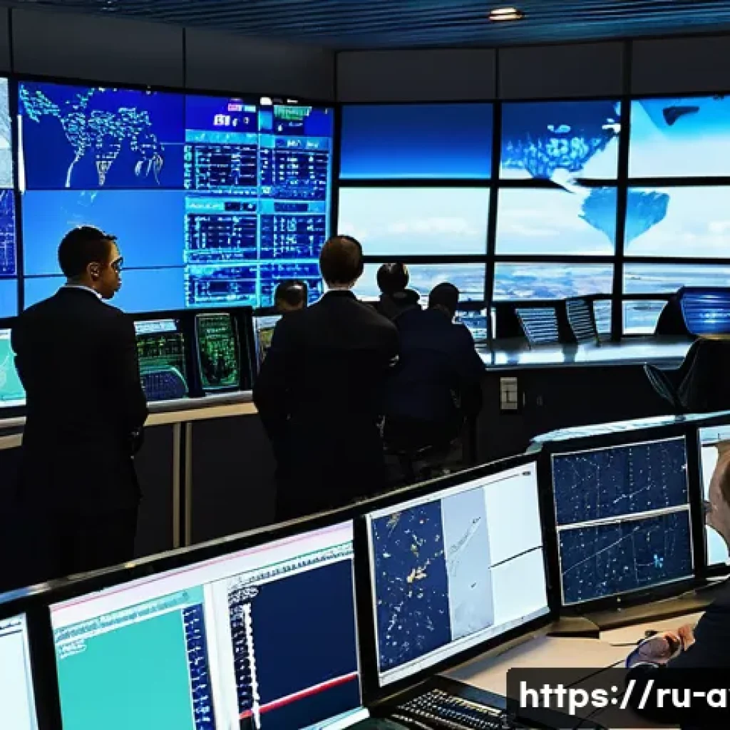 항공운항관리사 기술 트렌드 - A modern air traffic control room in Moscow airport featuring a diverse team of professional control...