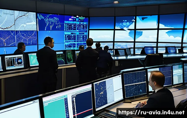 항공운항관리사 기술 트렌드 - A modern air traffic control room in Moscow airport featuring a diverse team of professional control...