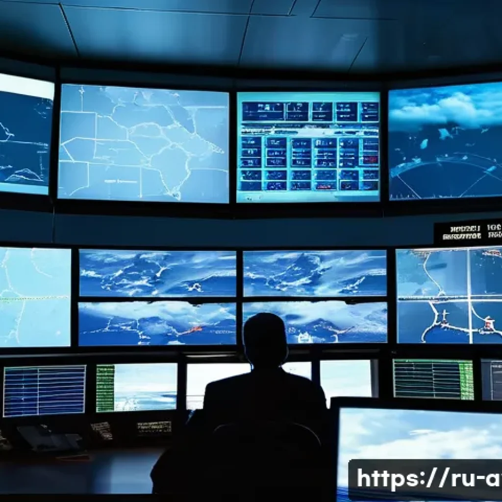 항공운항관리사 기상 분석 - A detailed aviation control tower scene at a busy Russian airport during dynamic weather conditions,...