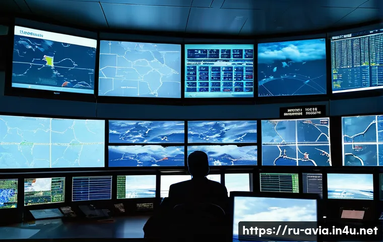 항공운항관리사 기상 분석 - A detailed aviation control tower scene at a busy Russian airport during dynamic weather conditions,...