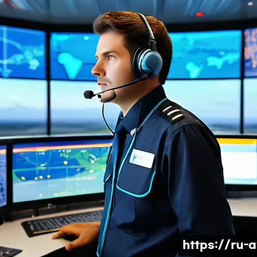 항공운항관리사 관련 대학 전공 - A professional air traffic controller in a modern control tower, surrounded by multiple large digita...