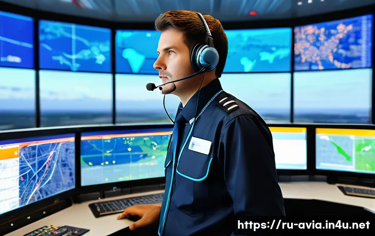 항공운항관리사 관련 대학 전공 - A professional air traffic controller in a modern control tower, surrounded by multiple large digita...