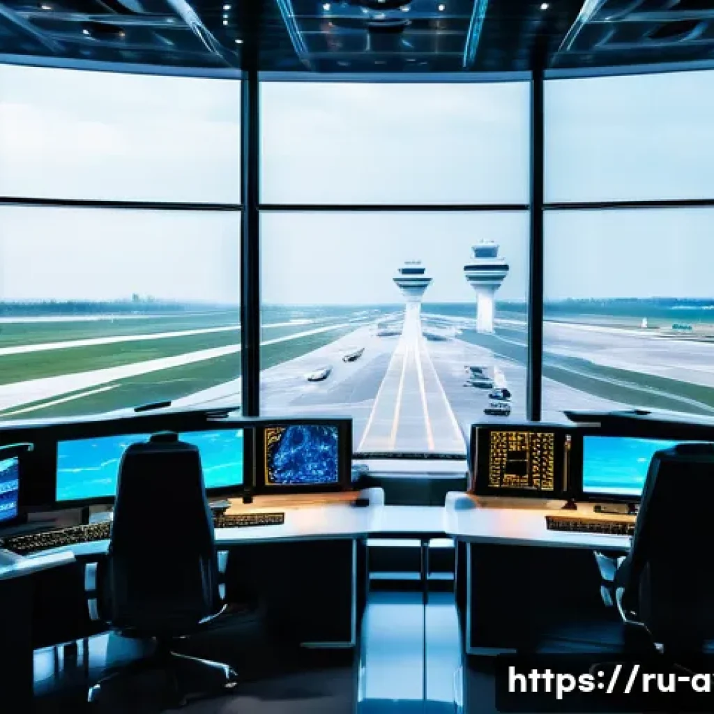 항공운항관리사와 ICAO 규정 - A high-tech air traffic control tower interior at a major international airport during a busy day, f...