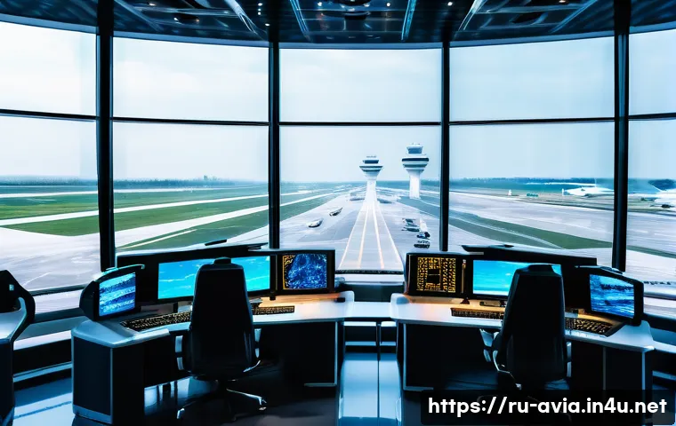 항공운항관리사와 ICAO 규정 - A high-tech air traffic control tower interior at a major international airport during a busy day, f...