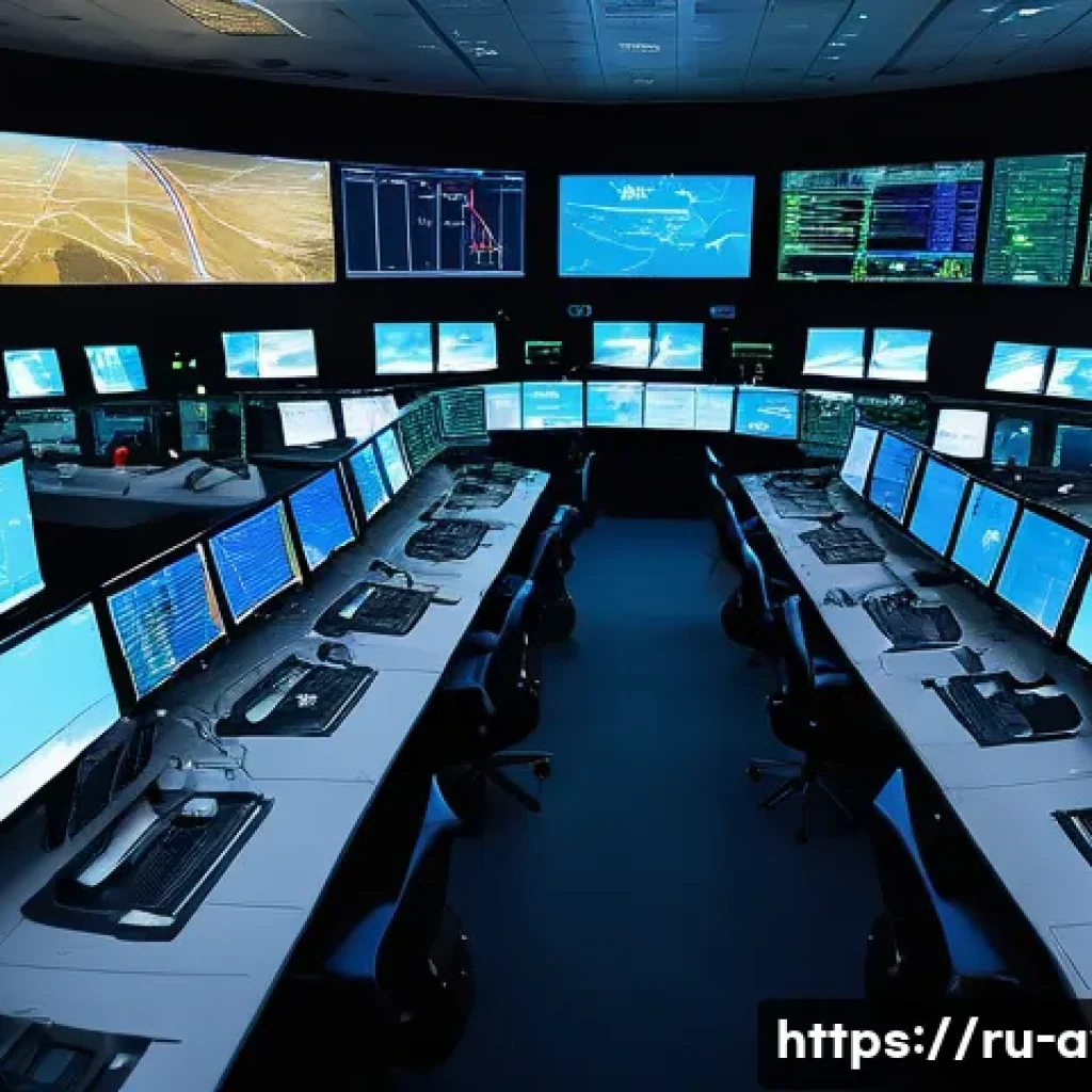 항공운항관리사 채용 트렌드 - A modern air traffic control center interior, showing a diverse group of professional air traffic co...