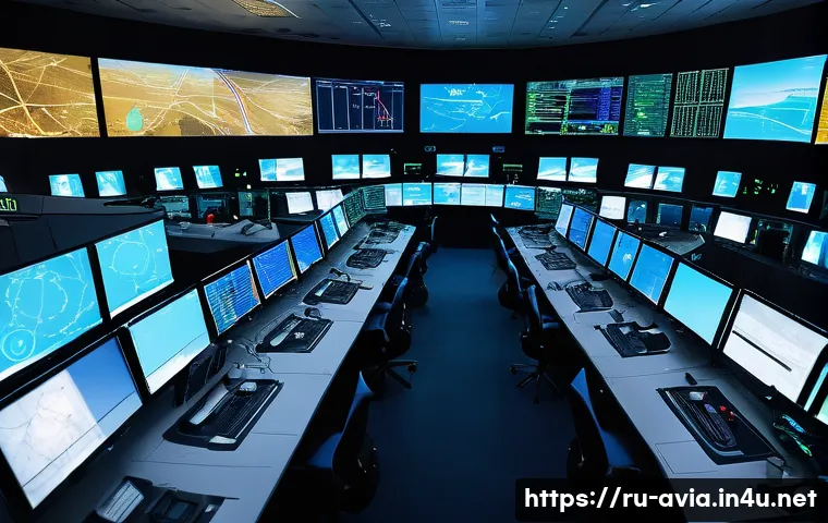 항공운항관리사 채용 트렌드 - A modern air traffic control center interior, showing a diverse group of professional air traffic co...