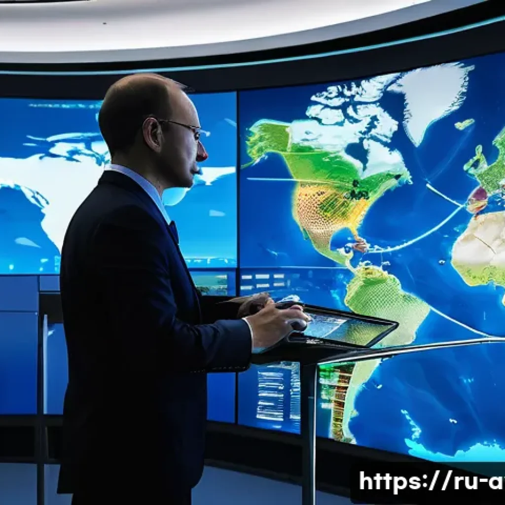 항공운항관리사와 국제 협력 - A highly detailed air traffic control center with multiple international controllers coordinating fl...