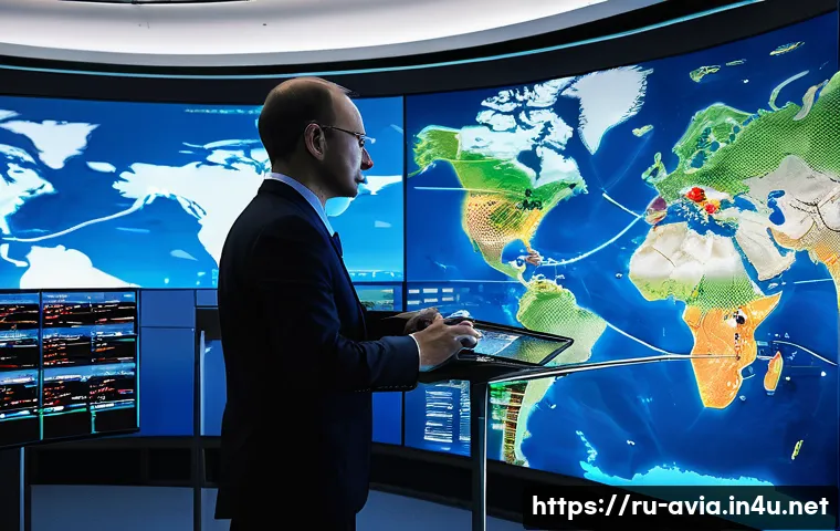 항공운항관리사와 국제 협력 - A highly detailed air traffic control center with multiple international controllers coordinating fl...
