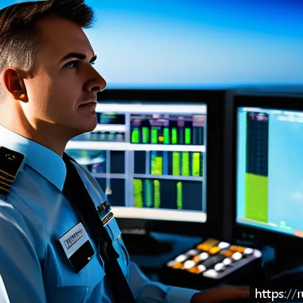 항공운항관리사 연봉 협상 팁 - A professional air traffic controller in a modern control tower, wearing a neatly pressed uniform wi...