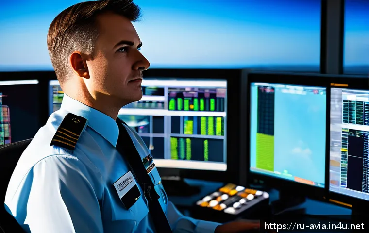 항공운항관리사 연봉 협상 팁 - A professional air traffic controller in a modern control tower, wearing a neatly pressed uniform wi...