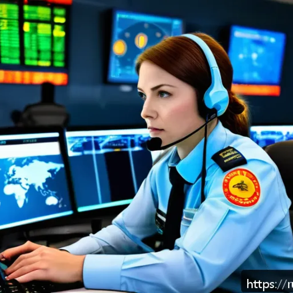 항공운항관리사 비상 착륙 절차 - A high-stress emergency air traffic control room scene showing a focused female controller in profes...