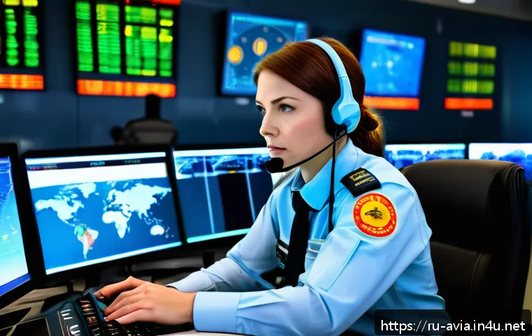 항공운항관리사 비상 착륙 절차 - A high-stress emergency air traffic control room scene showing a focused female controller in profes...