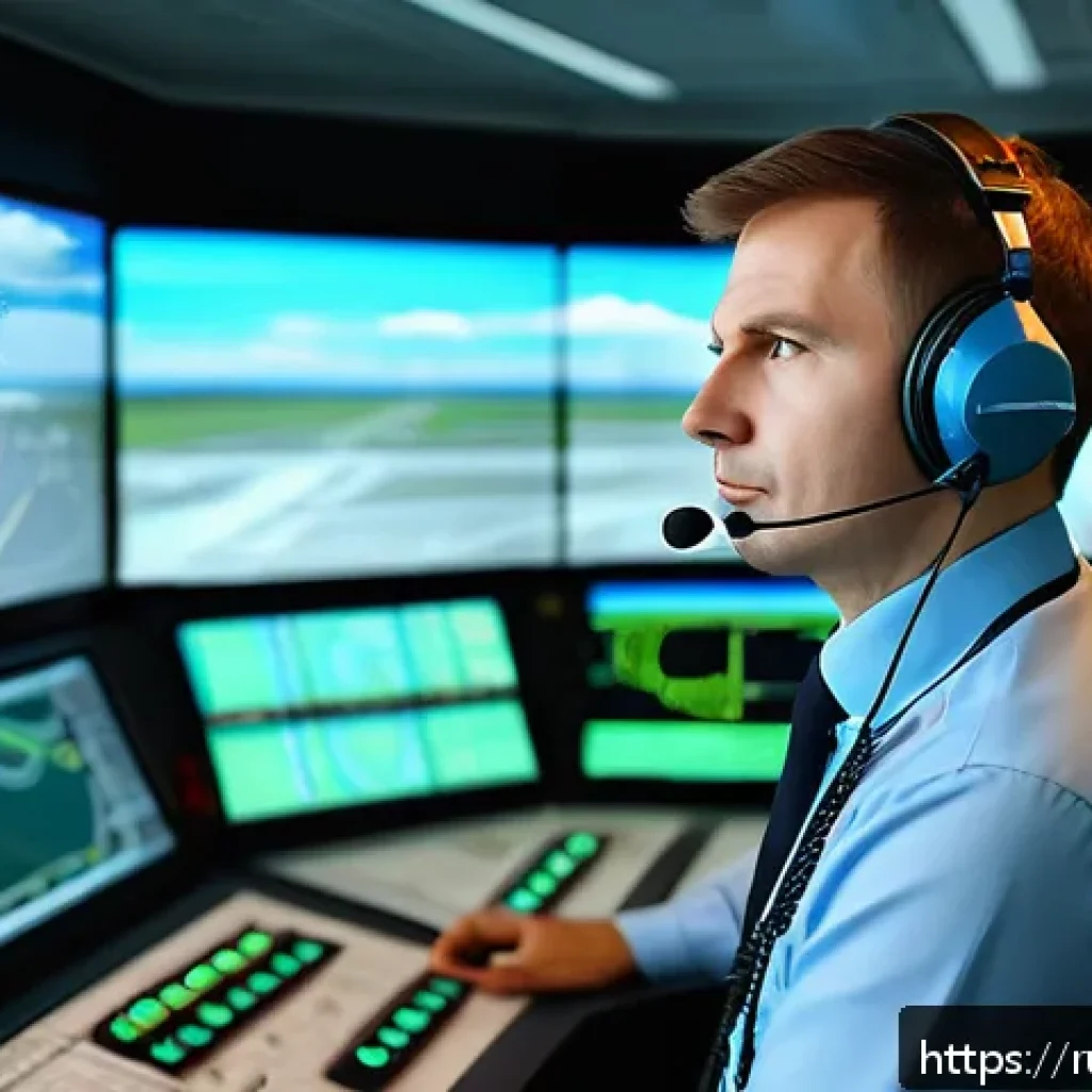 항공운항관리사 입문자를 위한 안내 - A professional air traffic controller in a modern Russian airport control tower, wearing a neat unif...