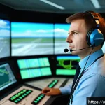 Home 21 항공운항관리사 입문자를 위한 안내 - A professional air traffic controller in a modern Russian airport control tower, wearing a neat unif...