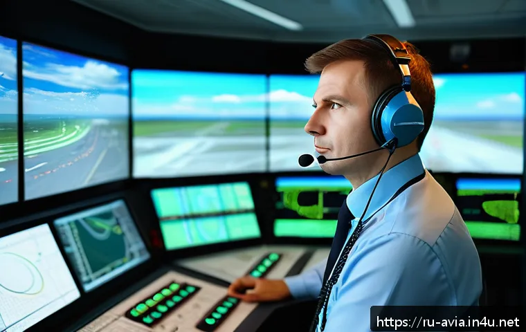 항공운항관리사 입문자를 위한 안내 - A professional air traffic controller in a modern Russian airport control tower, wearing a neat unif...