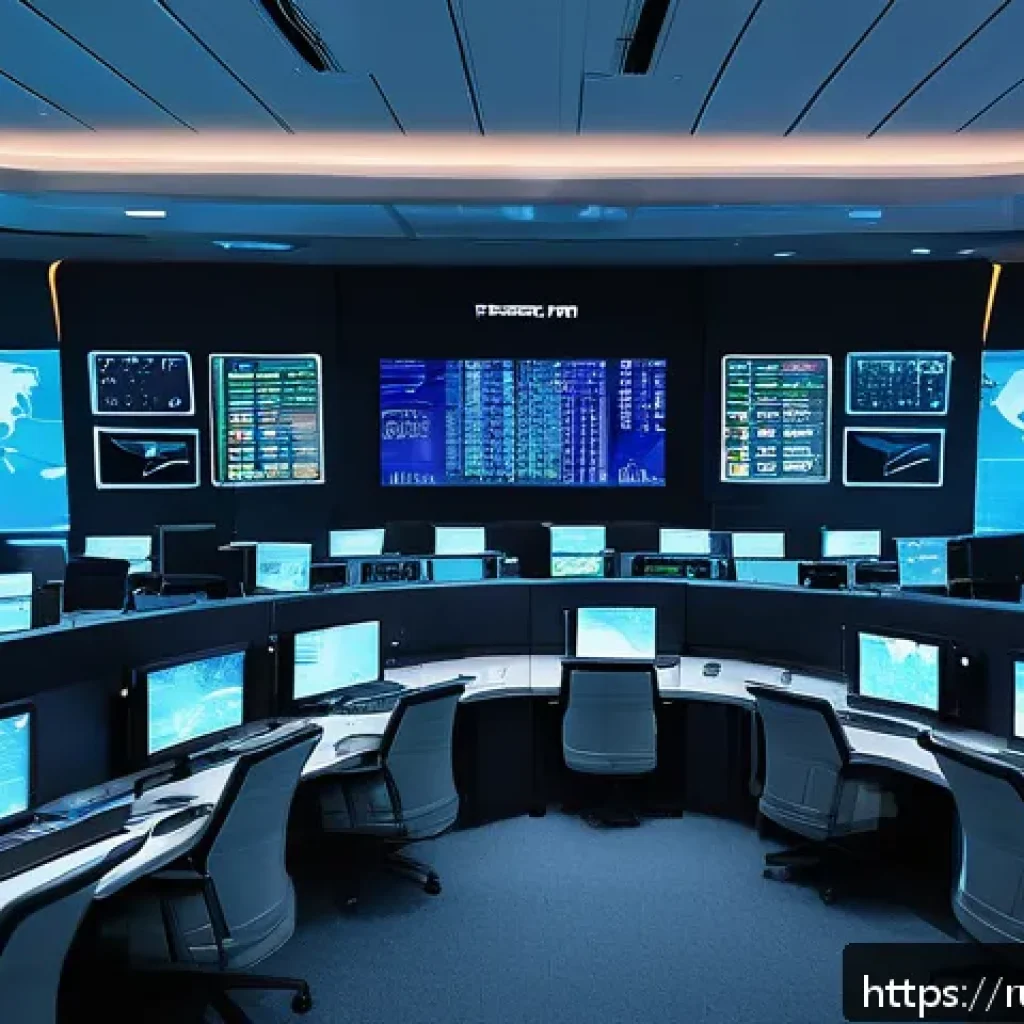 항공운항관리사 국제 항공사 비교 - A modern air traffic control center interior with multiple large digital screens displaying real-tim...