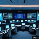 Home 20 항공운항관리사 국제 항공사 비교 - A modern air traffic control center interior with multiple large digital screens displaying real-tim...