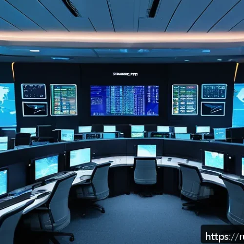 Home 32 항공운항관리사 국제 항공사 비교 - A modern air traffic control center interior with multiple large digital screens displaying real-tim...