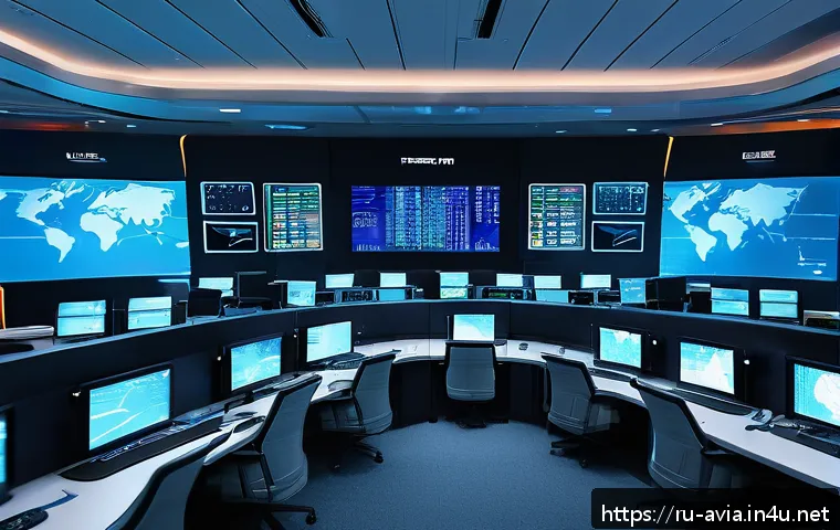 항공운항관리사 국제 항공사 비교 - A modern air traffic control center interior with multiple large digital screens displaying real-tim...