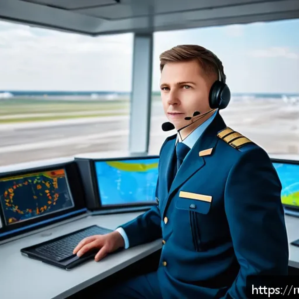 항공운항관리사 연봉협상 실패 사례 - A professional air traffic controller in a modern control tower overlooking a busy Russian airport, ...