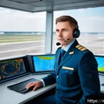 Home 19 항공운항관리사 연봉협상 실패 사례 - A professional air traffic controller in a modern control tower overlooking a busy Russian airport, ...