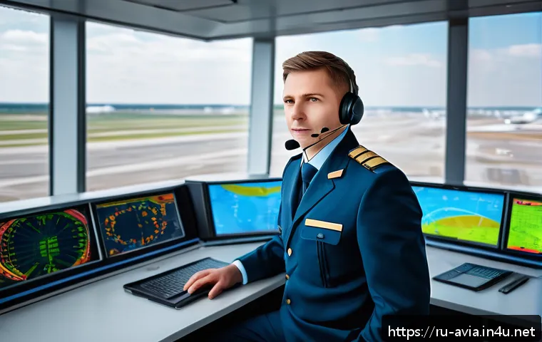 항공운항관리사 연봉협상 실패 사례 - A professional air traffic controller in a modern control tower overlooking a busy Russian airport, ...
