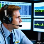 Home 18 항공운항관리사 항공법 실습 - A professional air traffic controller in a modern airport control tower, wearing a uniform with a he...