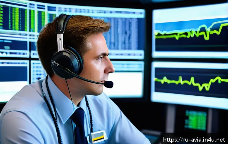 항공운항관리사 항공법 실습 - A professional air traffic controller in a modern airport control tower, wearing a uniform with a he...