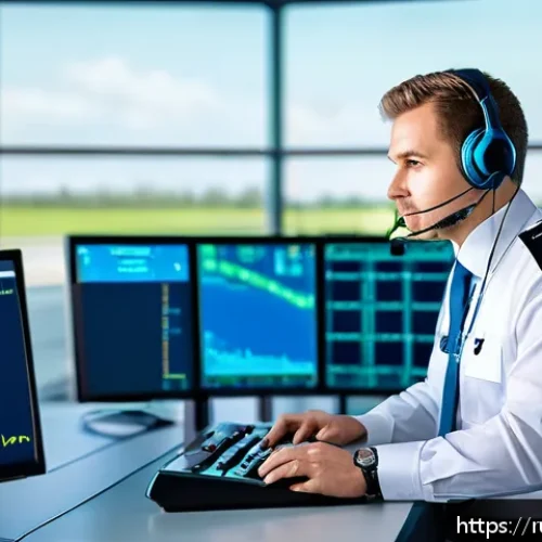 Home 17 항공운항관리사 항공기 최대 이륙 중량 계산 - A professional air traffic controller at a modern airport control tower, attentively monitoring mult...