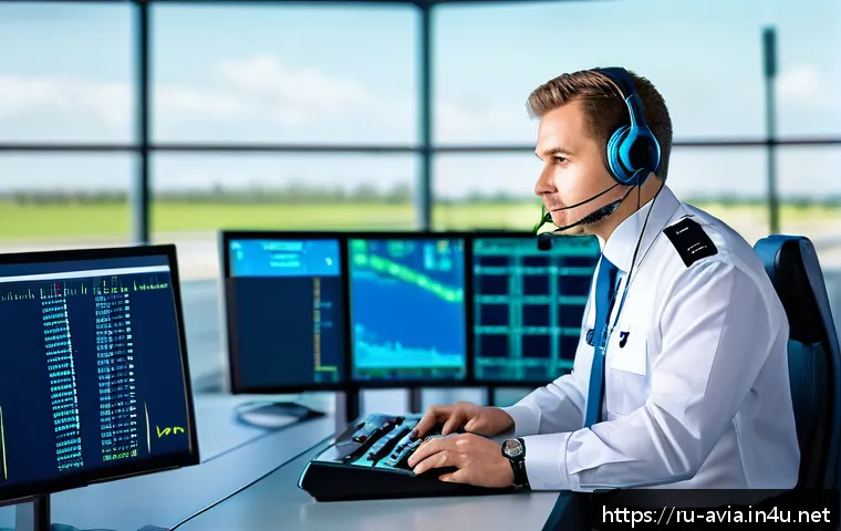 항공운항관리사 항공기 최대 이륙 중량 계산 - A professional air traffic controller at a modern airport control tower, attentively monitoring mult...