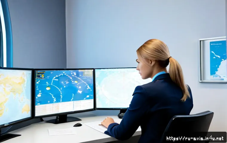 Home 17 항공운항관리사 국내 항공사 비교 - Photorealistic airline operations control center in Russia, a focused flight dispatcher in professio...