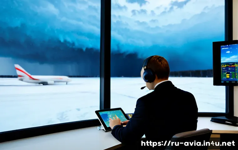 항공운항관리사와 날씨 분석 툴 - Photorealistic aviation operations dispatcher in a modern Russian airport control office, studying a...