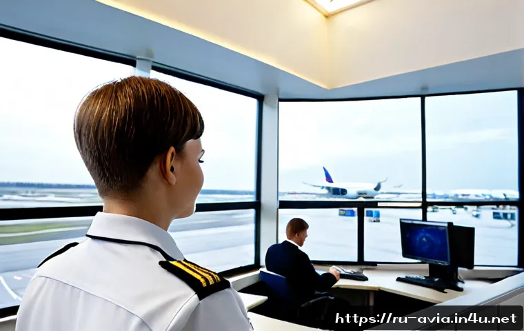 항공운항관리사 신규 채용 동향 - Photorealistic airport operations control room in Russia, a focused young aviation dispatcher in pro...